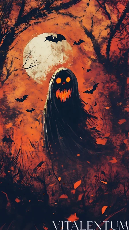 Digital painting of spectral pumpkin wraith in infernal forest.