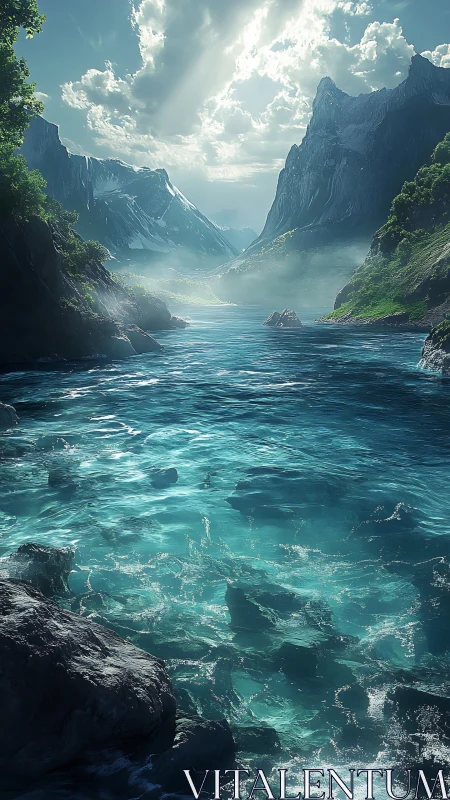 Sunlit turquoise fjord winds through towering misty peaks