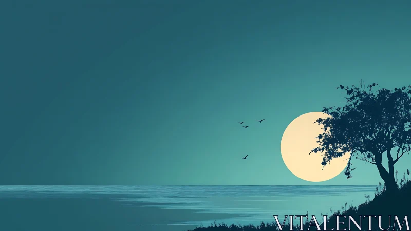 Moonrise hush serenades a lone tree above teal waters