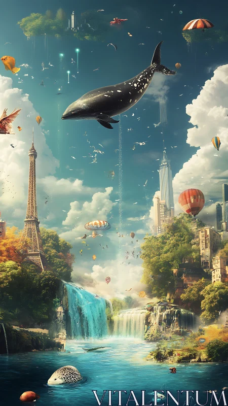 Dreamlike sky-whale drifts above waterfalls and city wonders