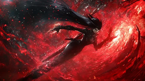 Shadow-slick heroine racing through a crimson cosmic storm.