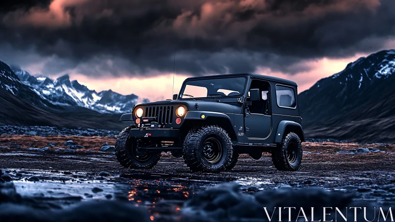Storm-chasing off‑roader growls across brooding mountain dusk