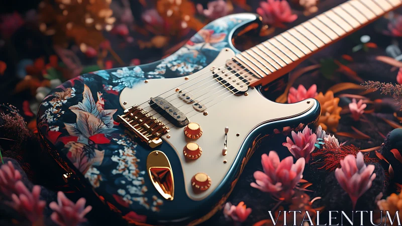Floral electric guitar rests softly among glowing garden blooms