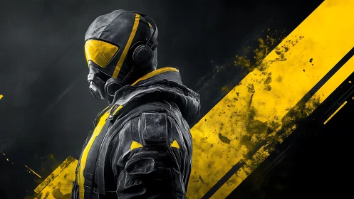 Urban neon ranger in yellow hazard suit against streaked sky.