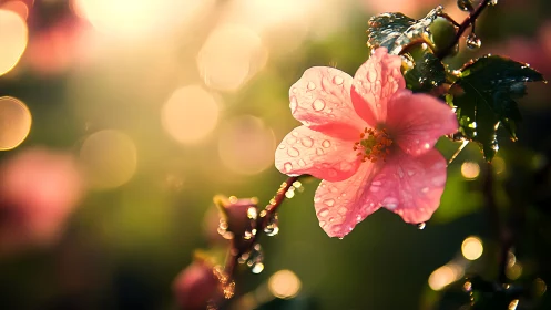 Pink Flower with Water Droplets and Bokeh Background