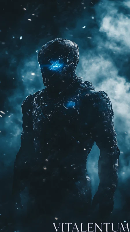 Armored exosuit silhouette with blue emissive visor in dense fog