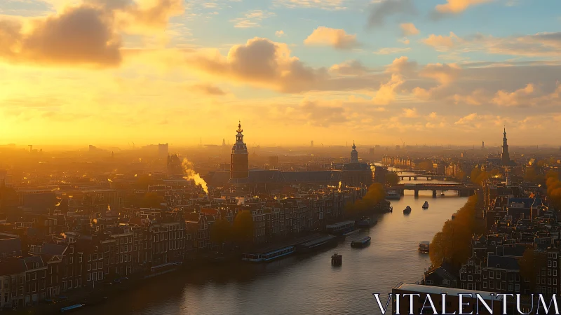 Urban river landscape under low sun with distant skyline.
