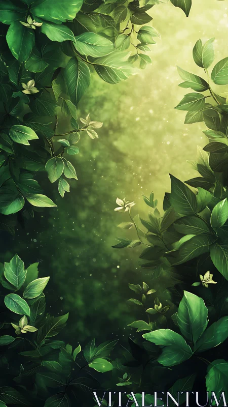 Sunlit forest leaves encircle a softly glowing green clearing.