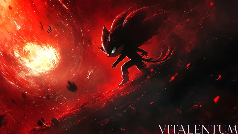 Shadowed hedgehog silhouette strides through burning vortex