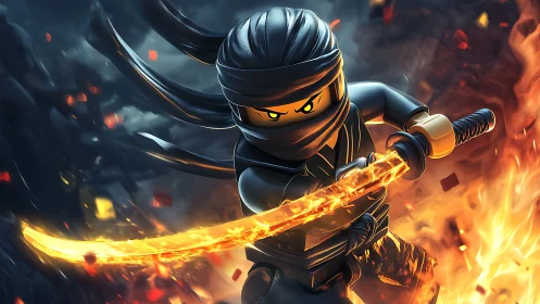 Fiery ninja hero swings a glowing blade in bold action.