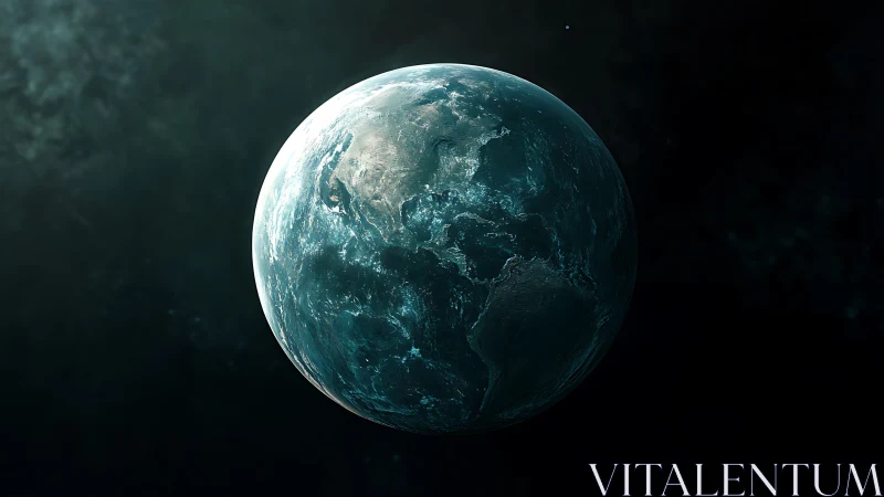 Glowing blue Earth quietly floats in the calm depth of space