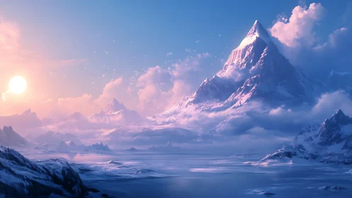 Radiant glacial massif under low-angle solar scattering light.