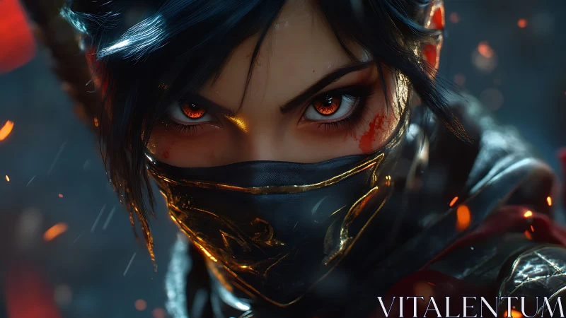 Fierce masked warrior locks eyes with a blazing, bold stare