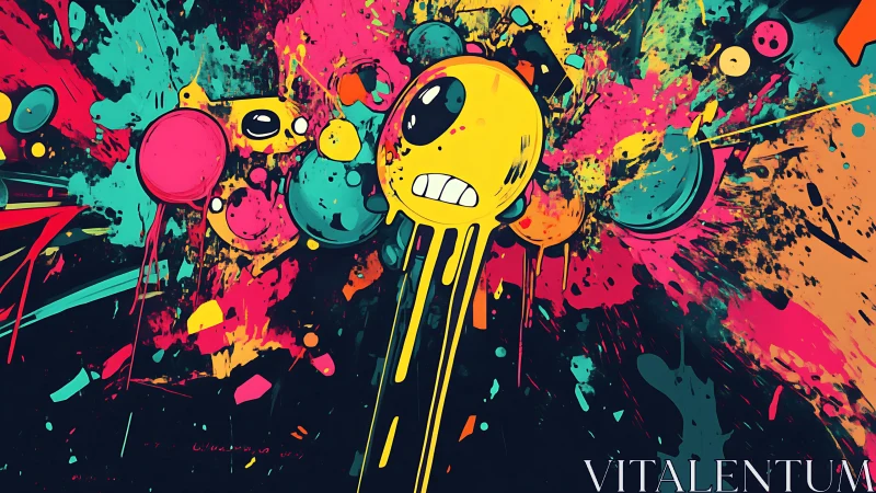 Playful splatter characters burst in neon comic chaos.