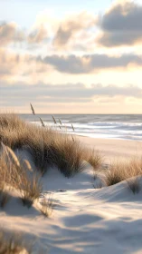 Coastal sand dunes with beach grass under soft daylight.