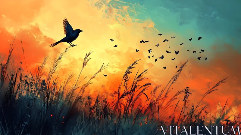 Birds cross fiery meadow sky under vivid sunset glow