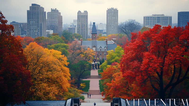 Urban campus path framed by dense autumn foliage colors.