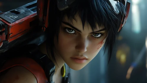 Cyberpunk warrior girl stares forward with steely resolve.