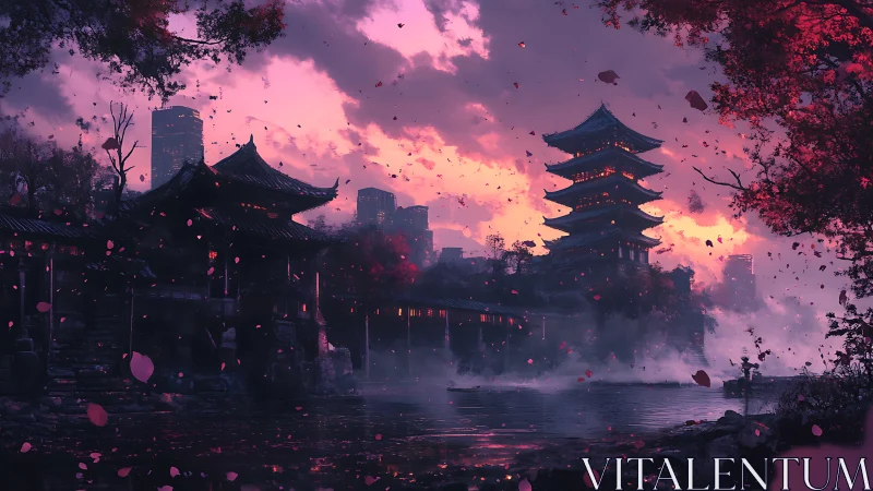 Twilight pagoda dreams over neon city and drifting petals.