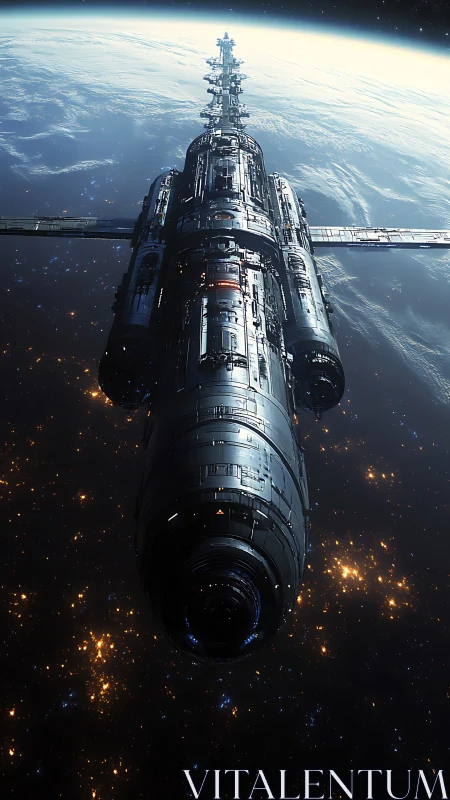 Massive orbital starship above Earth in deep space.
