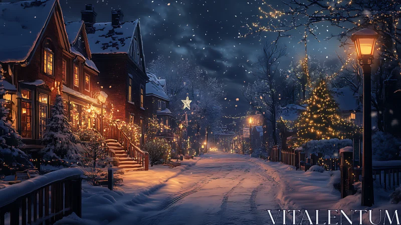 Snowy small town street with calm winter holiday lights.