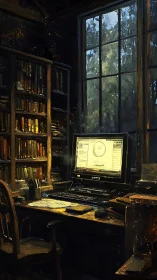 Digital workstation contrasts softly lit library and tall window