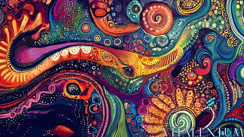 Multicolored abstract swirl pattern with layered organic forms.