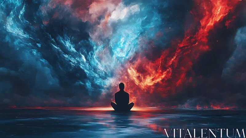 Meditative silhouette contemplates storm of fire and ice.