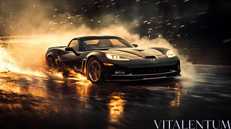 Black sports coupe drifts through sparks on wet asphalt track.