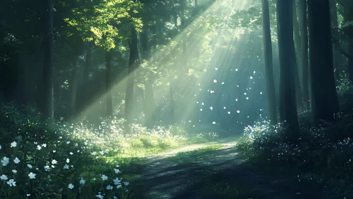 Sunlit Forest Path with White Flowers and God Rays.