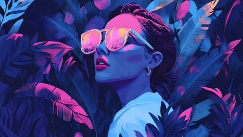 Neon jungle portrait captures a reflective, stylish gaze.