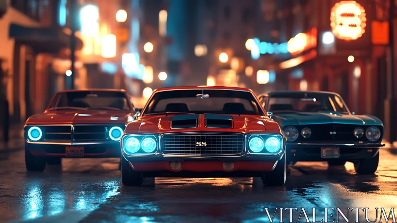Muscle cars align under neon city lights in cinematic rain.