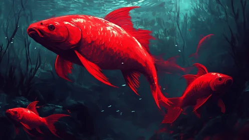 Crimson koi school gliding through teal abyssal waters.