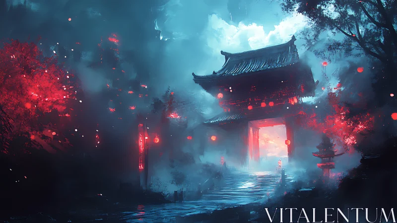 Midnight temple gate glowing with dreamy crimson lanterns.