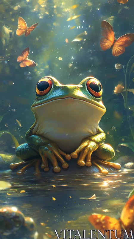 Frog resting in sunlit pond among orange butterflies.