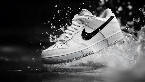 White sneaker in dynamic water splash, high-contrast shot.