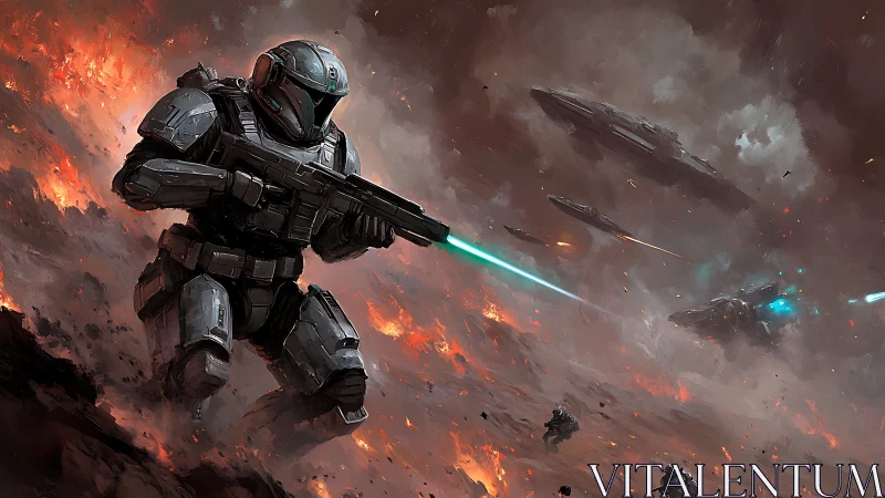 Armored space marine charges through burning alien warzone.