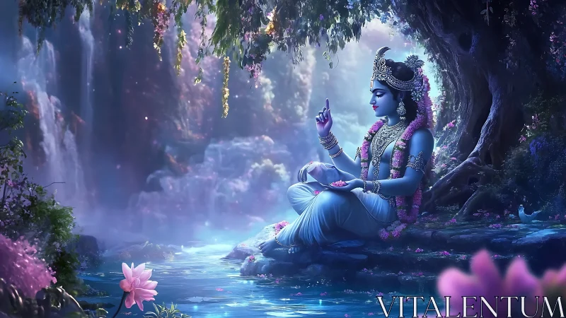 Divine blue figure in lotus grove with volumetric waterfall lighting