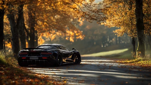 Black sports car drives through sunlit autumn forest road