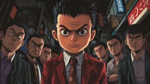 Defiant street boss kid leads grim crew through neon alleys.