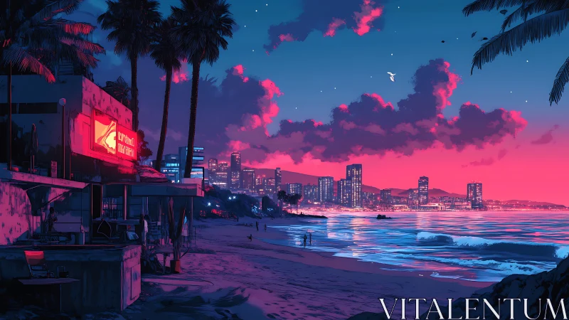 Neon coastal city glows under vivid cyan and magenta dusk
