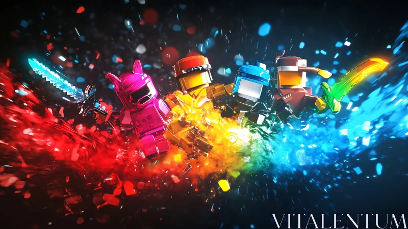 Color-charged blocky heroes racing through rainbow sparks.