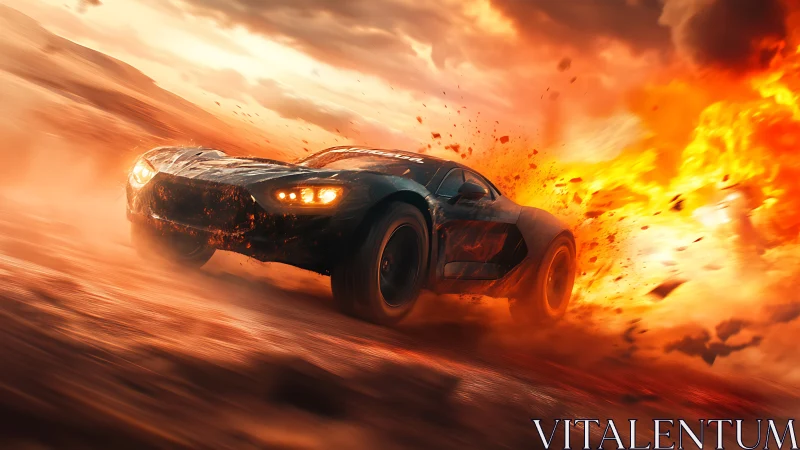 High-speed off-road car passes explosion in desert terrain