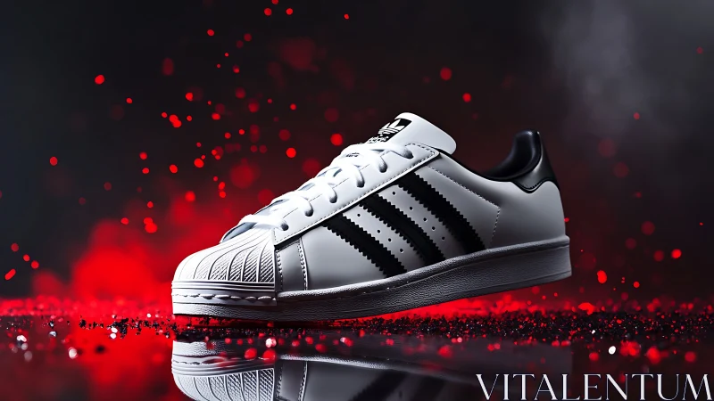 Photoreal sneaker close-up with dramatic red particle bokeh