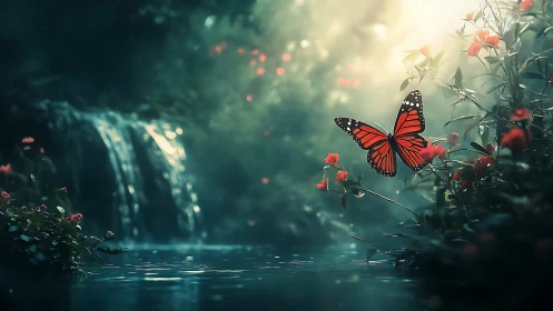 Monarch butterfly near waterfall in dreamy, ethereal forest scene.