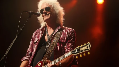 Silver-haired stage rebel croons under molten amber lights.