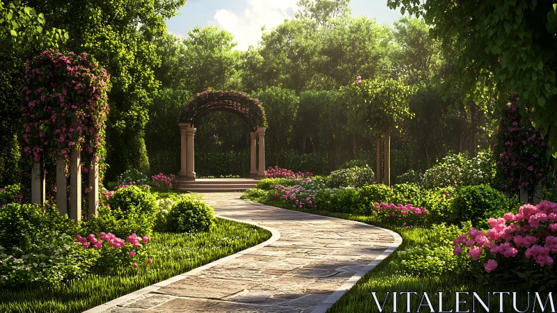 Sunlit stone path winding through a dreamy rose garden.