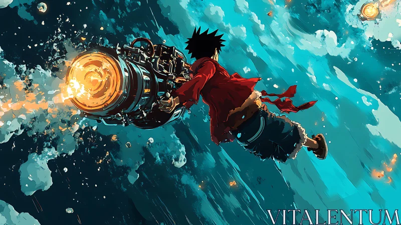 Runaway rocket dreamer surfing teal storms of space.