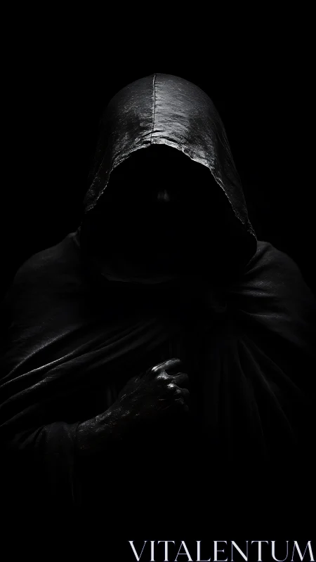 Mysterious hooded figure wrapped in deep shadowed silence.