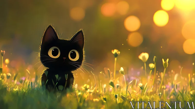 Black Kitten's Wide-Eyed Wonder in Golden Wildflower Meadow